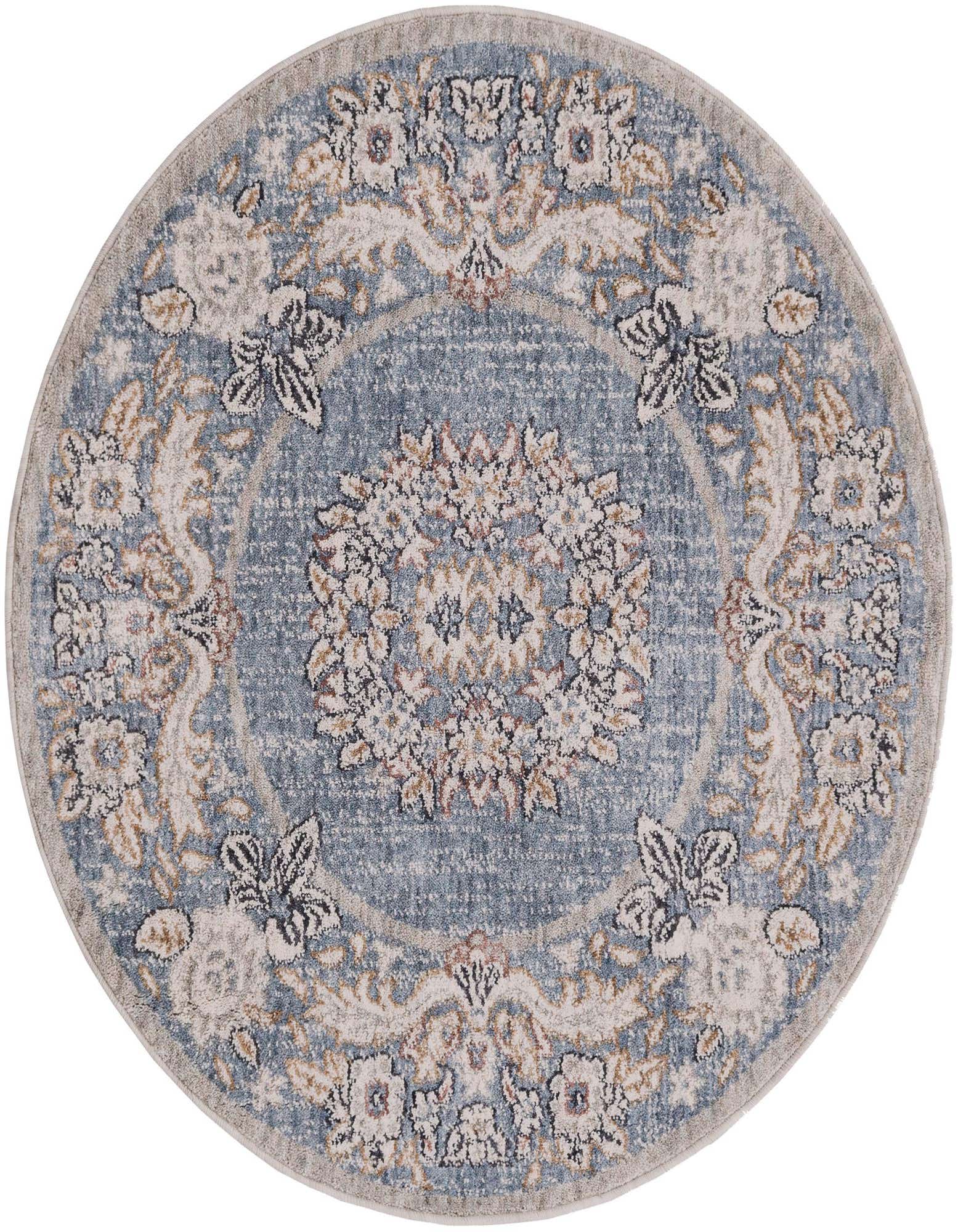 A 3' 3 round blue rug with a traditional medallion pattern in cream and subtle brown accents.