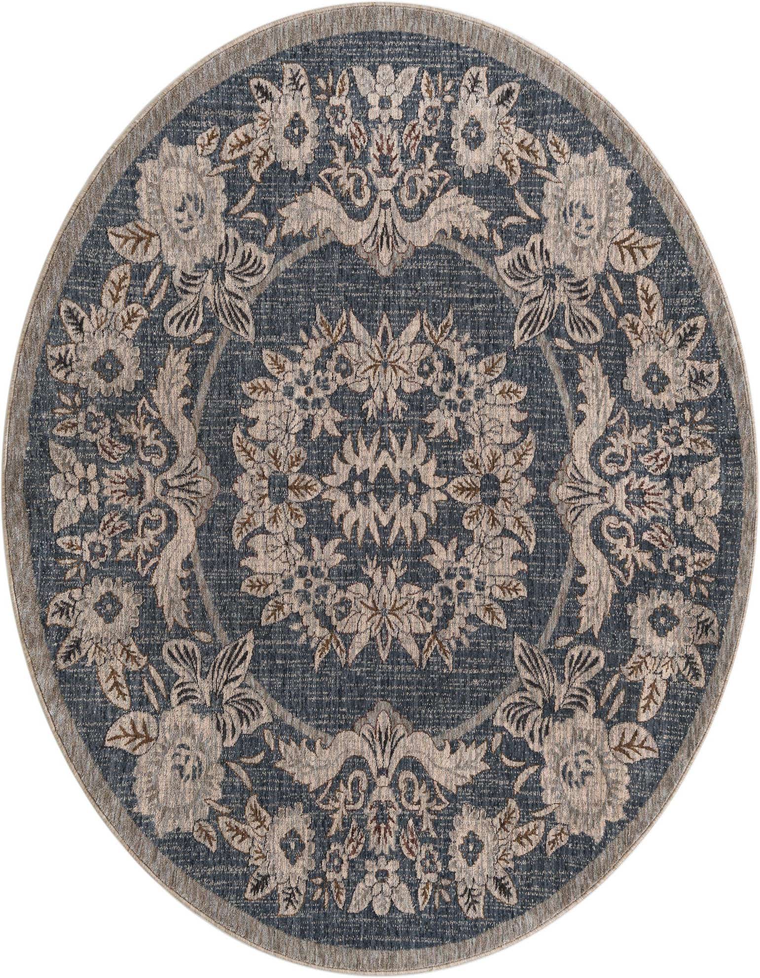 A 7' round blue area rug with a traditional medallion pattern in light beige and brown floral motifs.