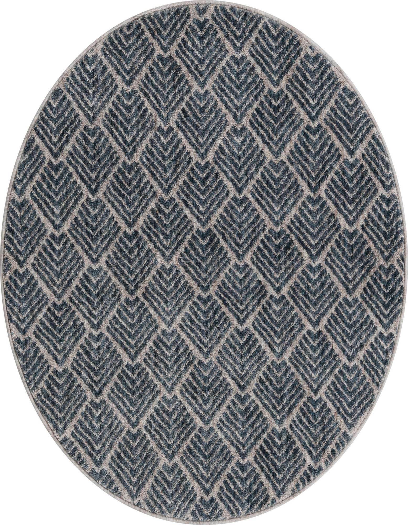 A 3' 3 round blue rug with a modern trellis pattern made from recycled polyester, suitable for indoor use.