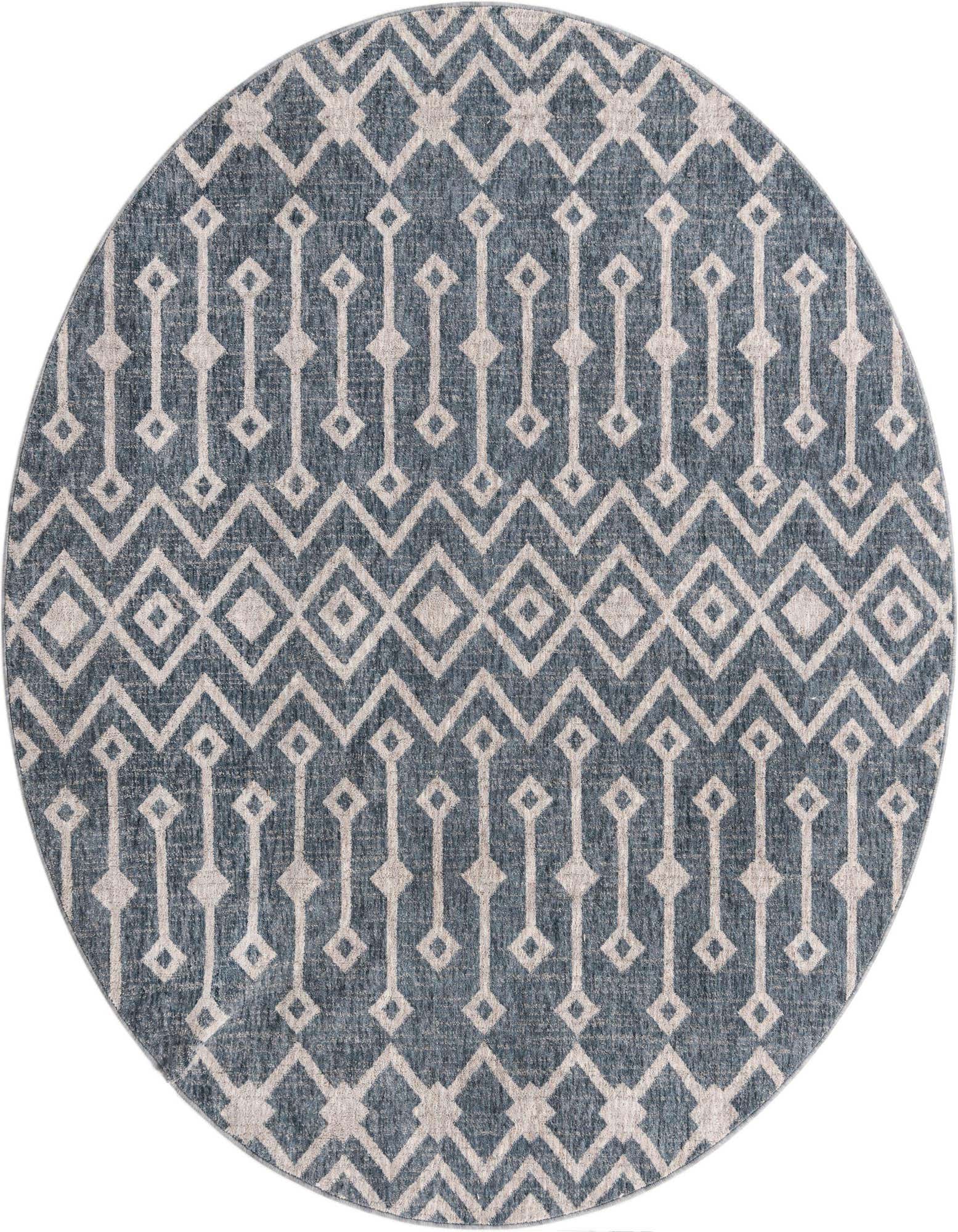 A 7' round Eco Trellis rug in shades of blue with a modern geometric trellis pattern in cream.