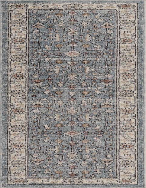 An 8 ft runner rug in shades of blue with a distressed traditional Oriental pattern and a light-colored border, perfect for a hallway or kitchen.
