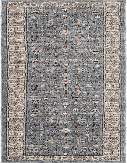 A 12 ft blue runner rug with a distressed traditional Oriental pattern and a light beige border, ideal for a hallway.