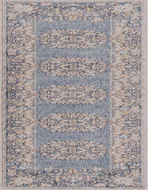 A blue and beige 8 ft runner rug with a traditional medallion pattern, perfect for a hallway or kitchen.
