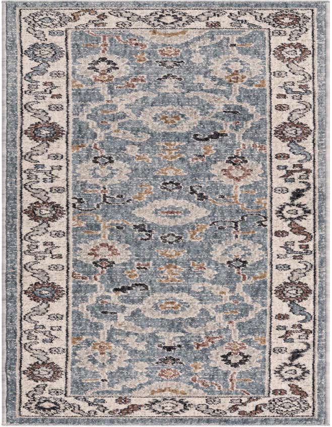 A 6 ft runner rug with a traditional floral pattern in shades of blue, cream, brown, and gold, ideal for hallways or kitchens.