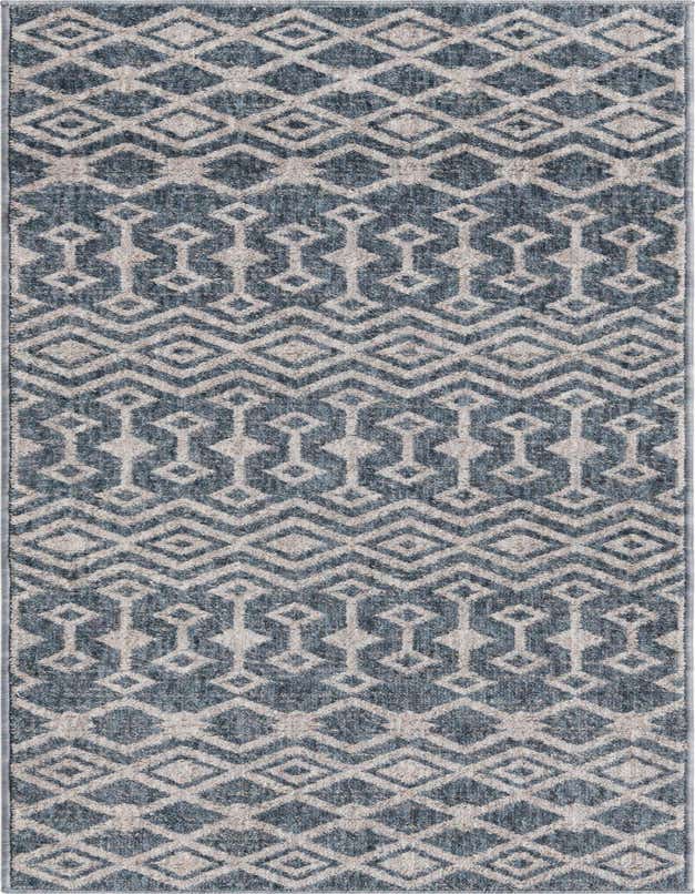 A 6 ft runner rug featuring a modern trellis pattern in varying shades of blue and beige, perfect for a hallway.