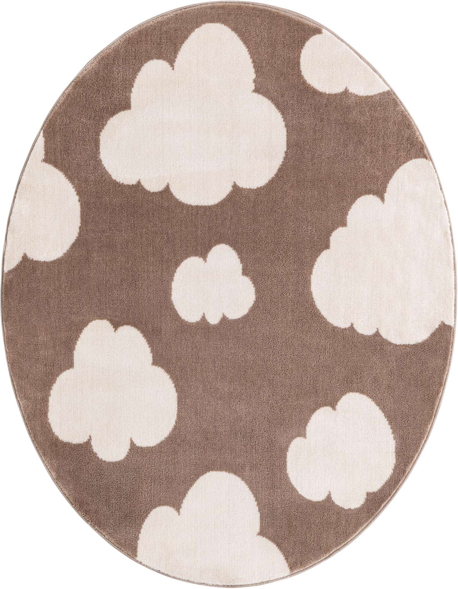 A 3' round hazelnut beige rug with a playful pattern of white clouds, ideal for a child's room.