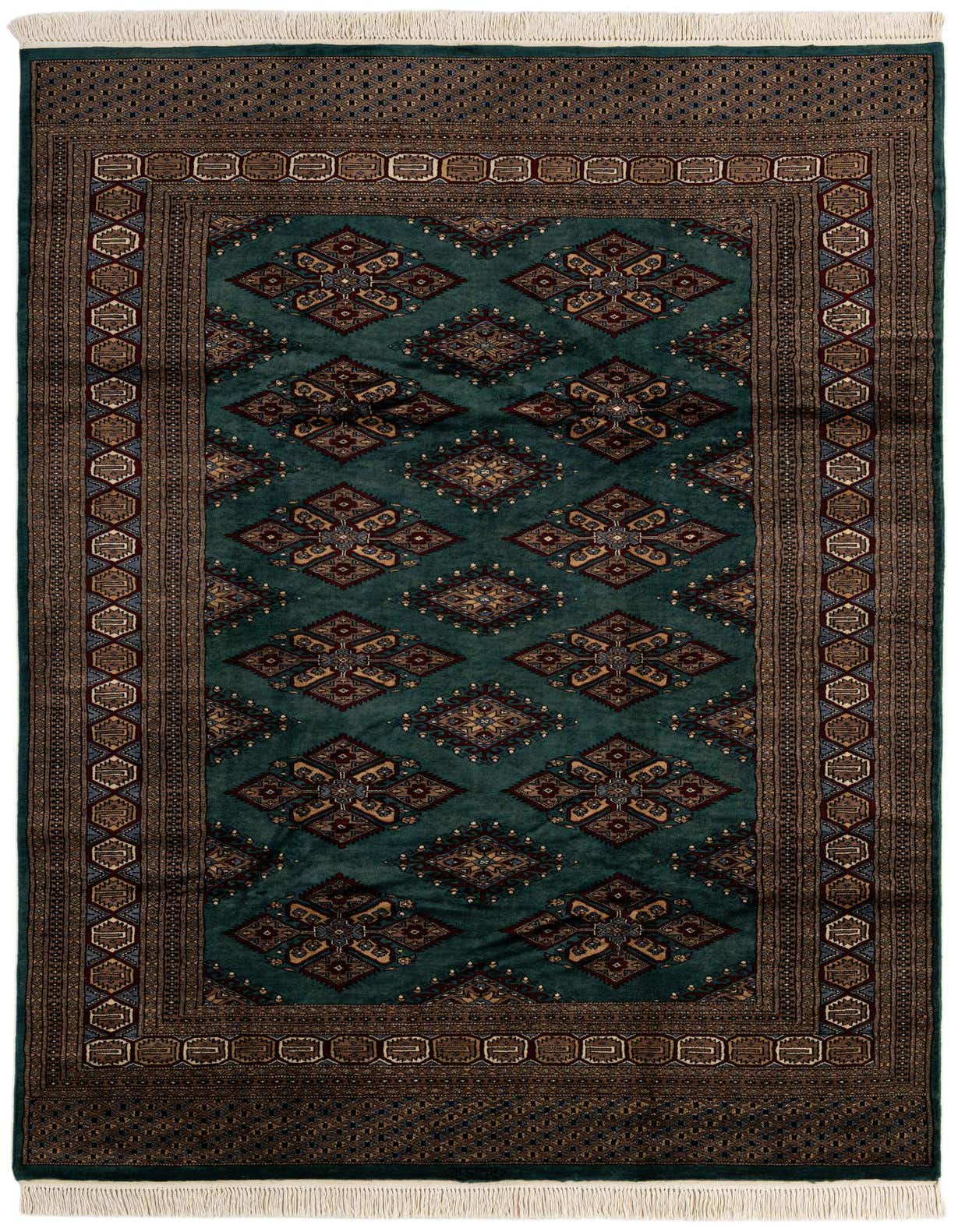 A 6x9 rectangular Bokhara rug in deep green with intricate tribal and traditional patterns in gold, red, and blue, featuring a detailed border and short fringe.