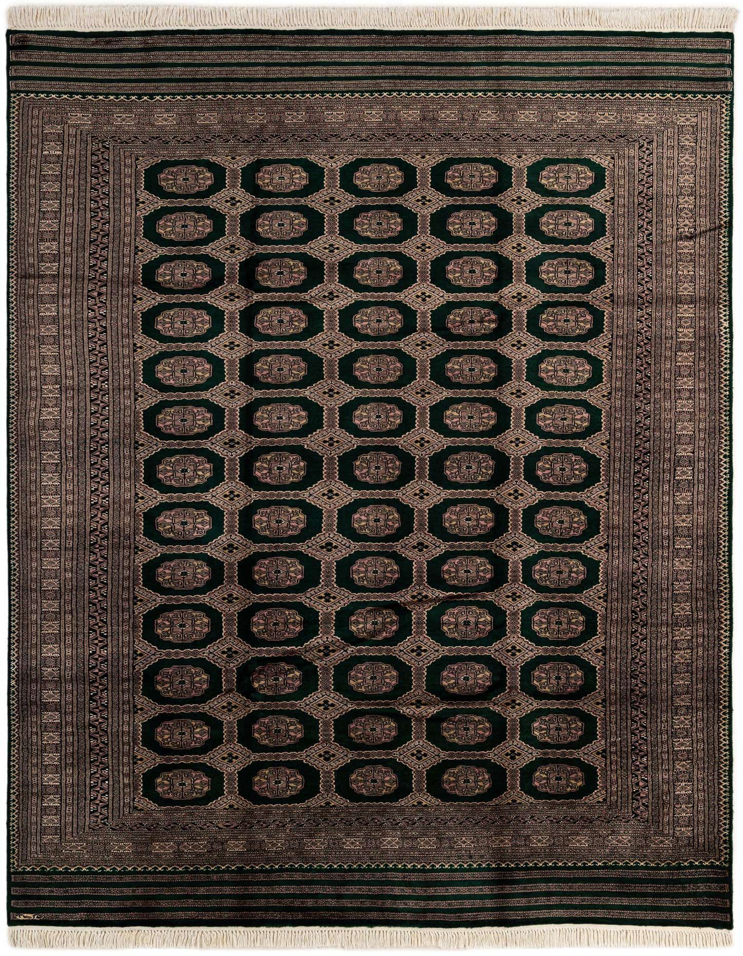 A 7x10 rectangular Bokhara rug featuring a deep green field with traditional tribal medallions and a detailed brown border, suitable for a living room.