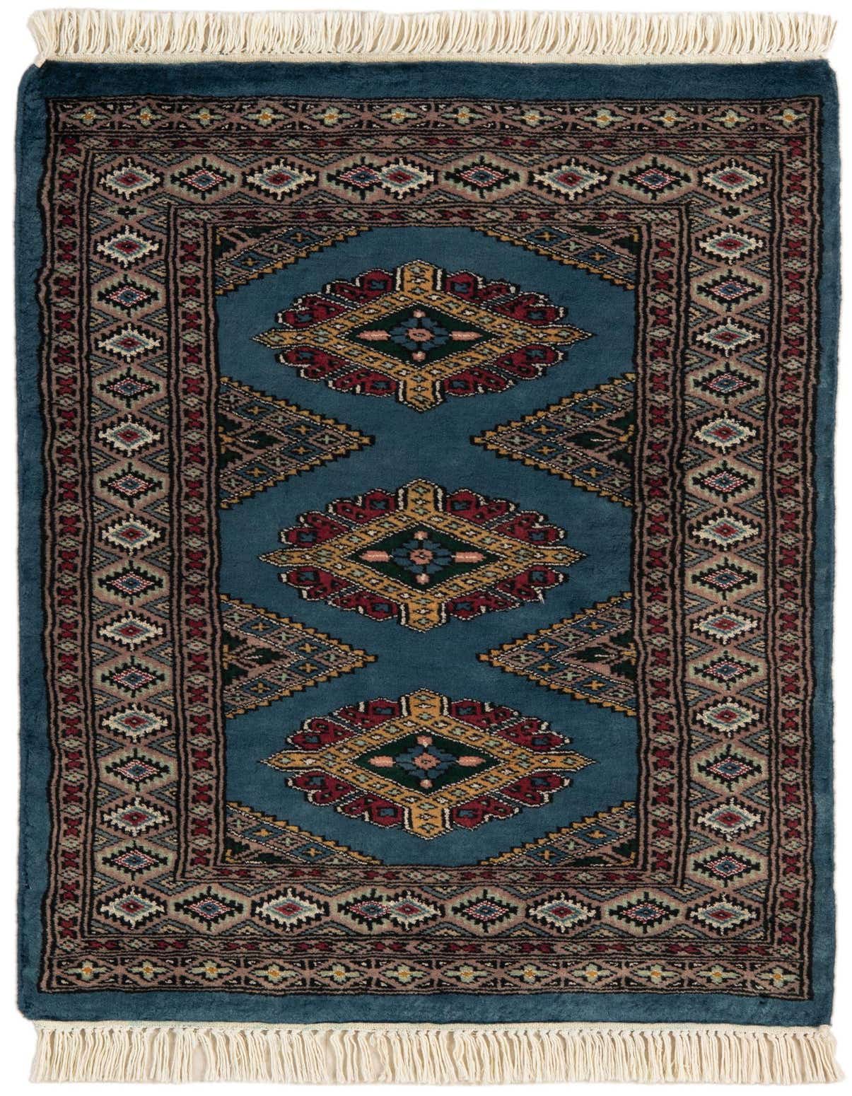 A 2x3 rectangular Bokhara rug with a deep teal-green field, featuring three large, ornate tribal medallions in red, gold, and dark green. It has a detailed border with geometric patterns and white fringe.