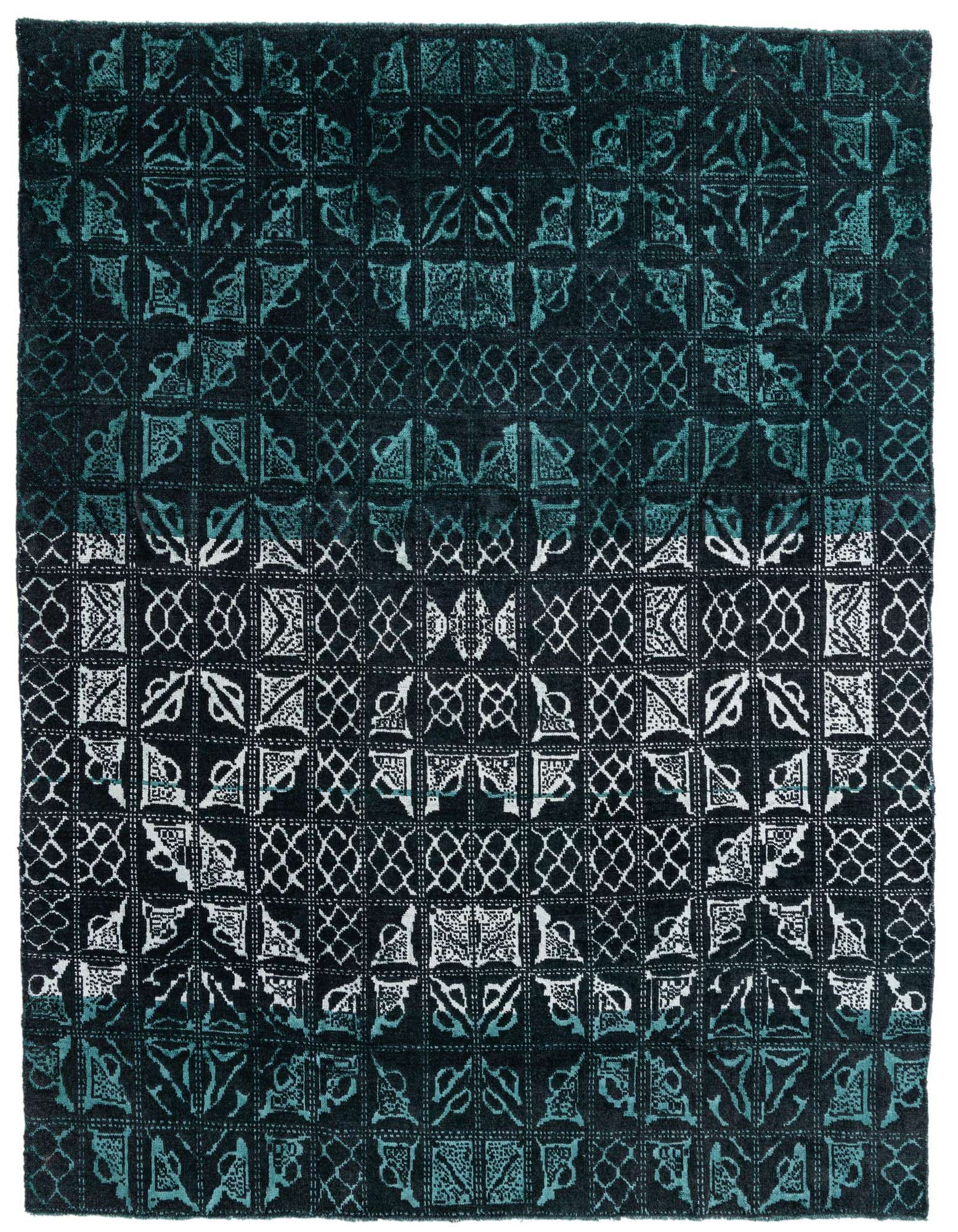 A rectangular 8x10 Darya rug in green and black with a modern oriental abstract pattern, ideal for a living room.