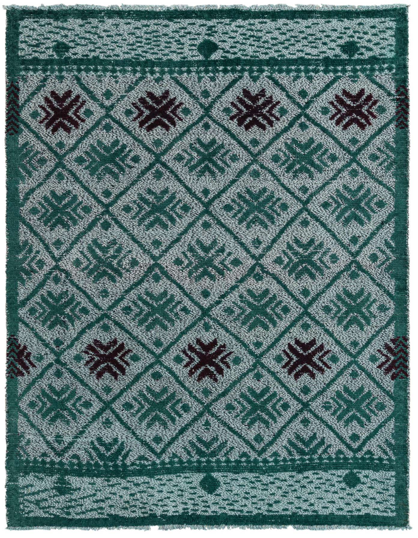 A 5x8 rectangular Darya rug with a modern Oriental pattern in varying shades of green, featuring abstract motifs and a textured wool pile.