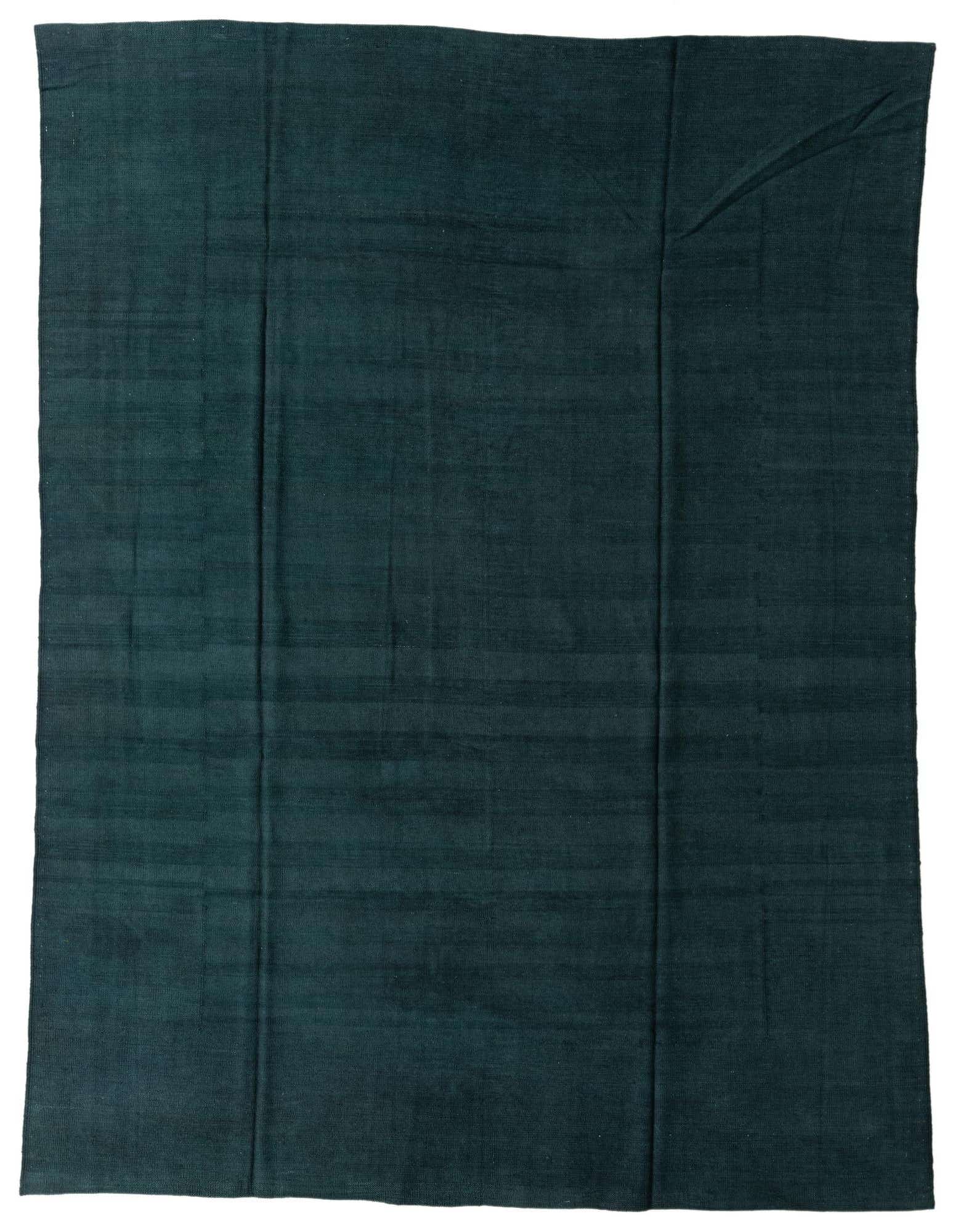 A rectangular 8x10 green flatweave wool rug with subtle horizontal stripes, suitable for a living room.