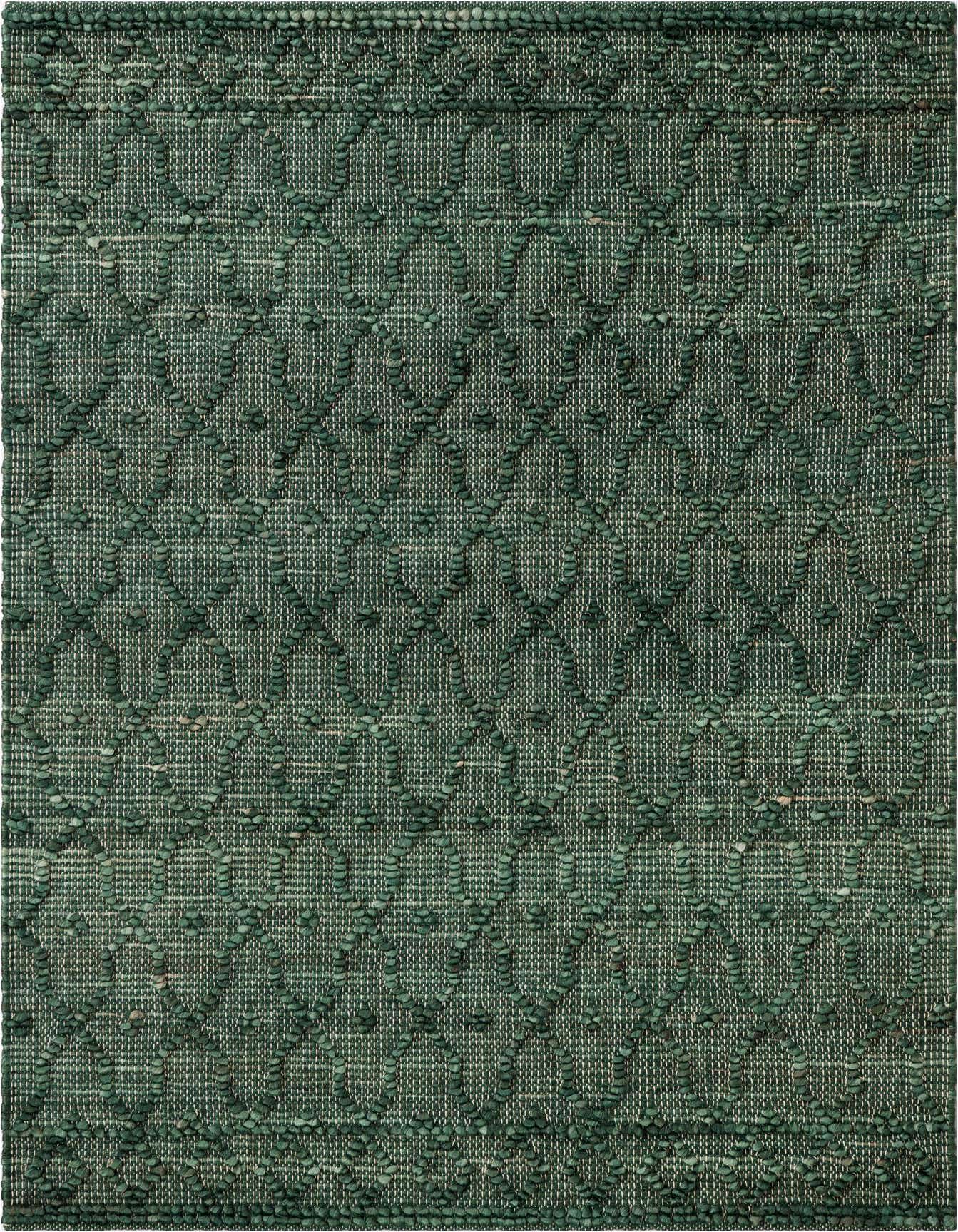A 4x6 rectangular Larsa Jute rug in varying shades of green, featuring a modern trellis pattern with a textured, high pile.