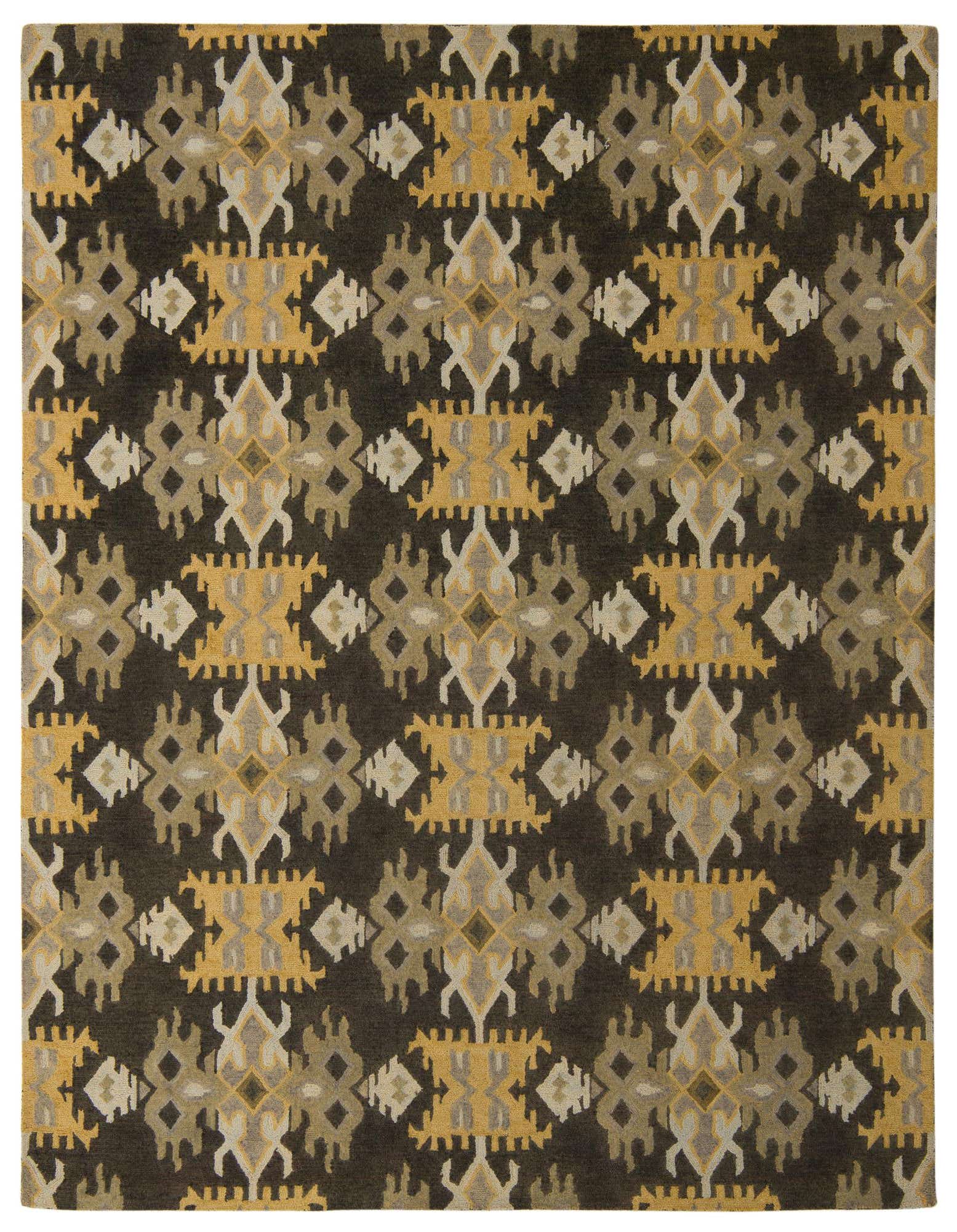 A rectangular 8x10 indoor area rug with a dark green background and an abstract geometric pattern in mustard yellow, light gray, and beige.