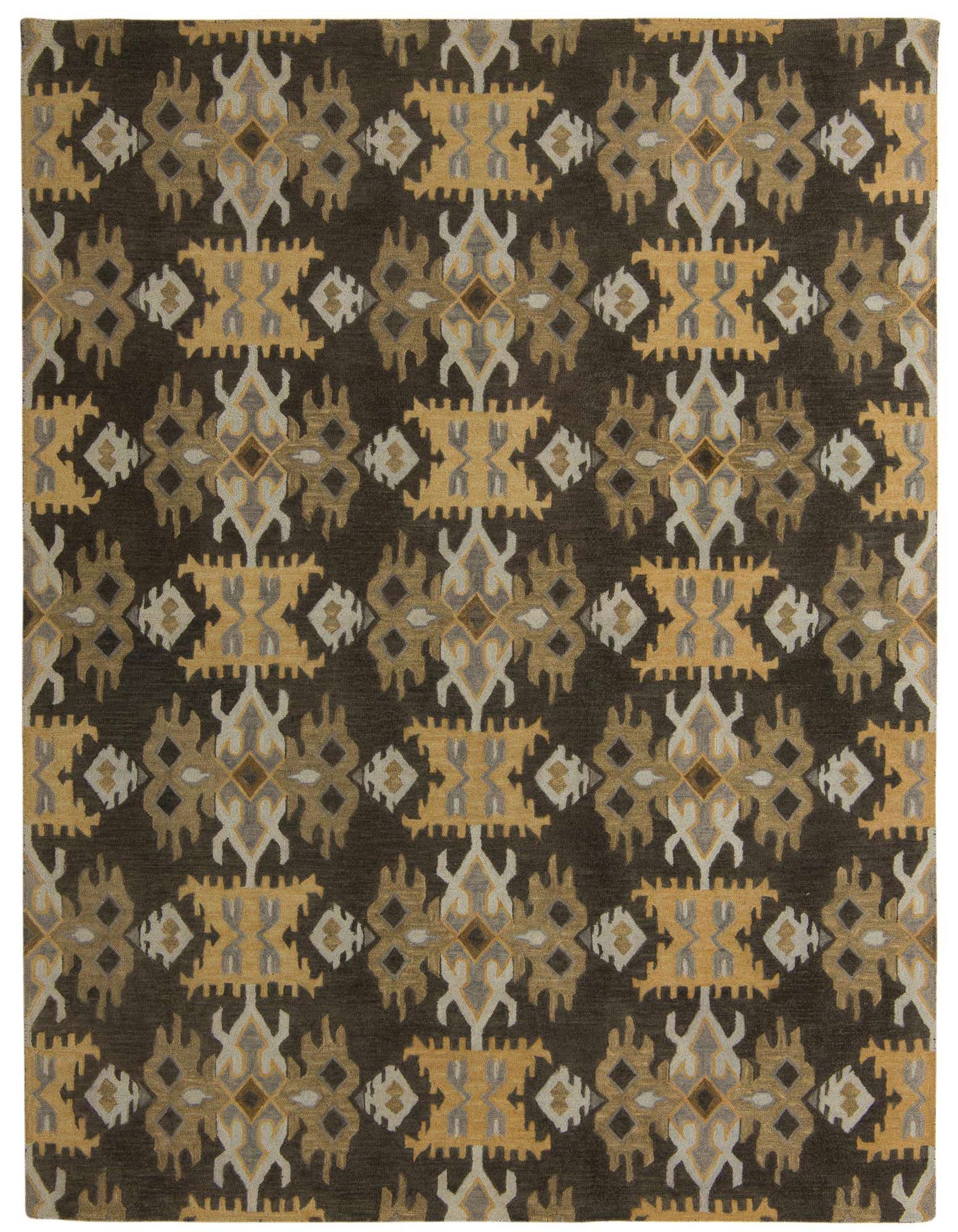 A rectangular 8x10 Luna Collection rug with a repeating geometric pattern in shades of green, gold, and light gray on a dark green background.