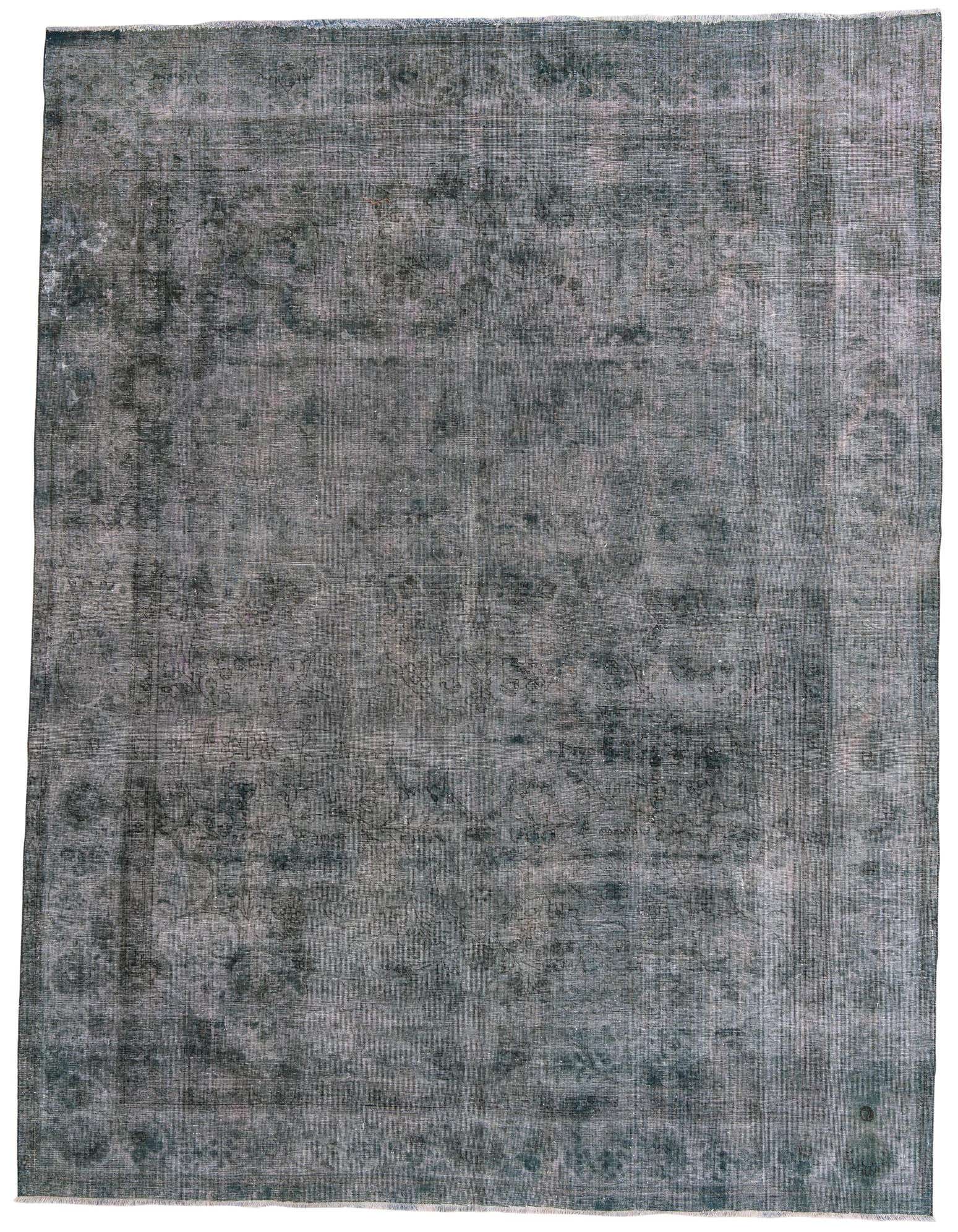 A large 9x12 rectangular green Persian-style wool rug with a faded medallion pattern and subtle border.