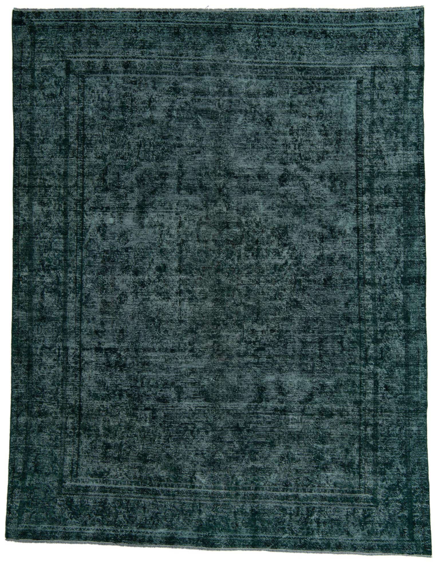 A 9x12 rectangular green Persian-style area rug with a distressed vintage medallion pattern and a border.