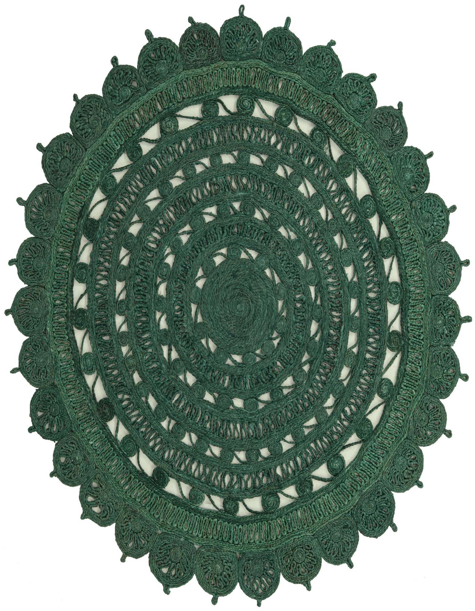 A 6' 1 round green braided jute rug with a textured, intricate floral and tribal pattern, handmade for indoor use.