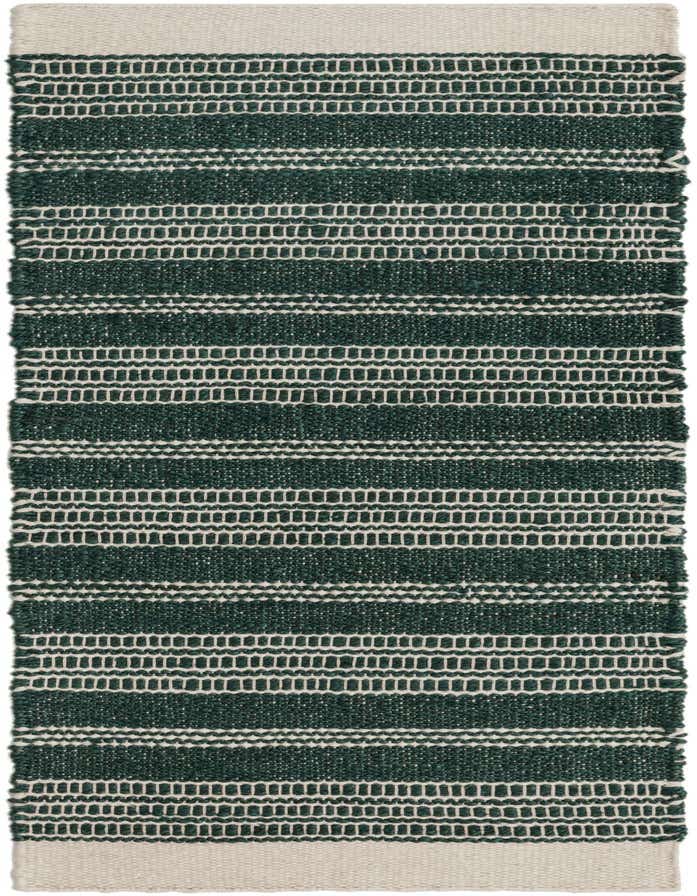 A 6 ft runner rug with a modern coastal stripe pattern in varying shades of green and off-white, handmade with a textured flatweave.