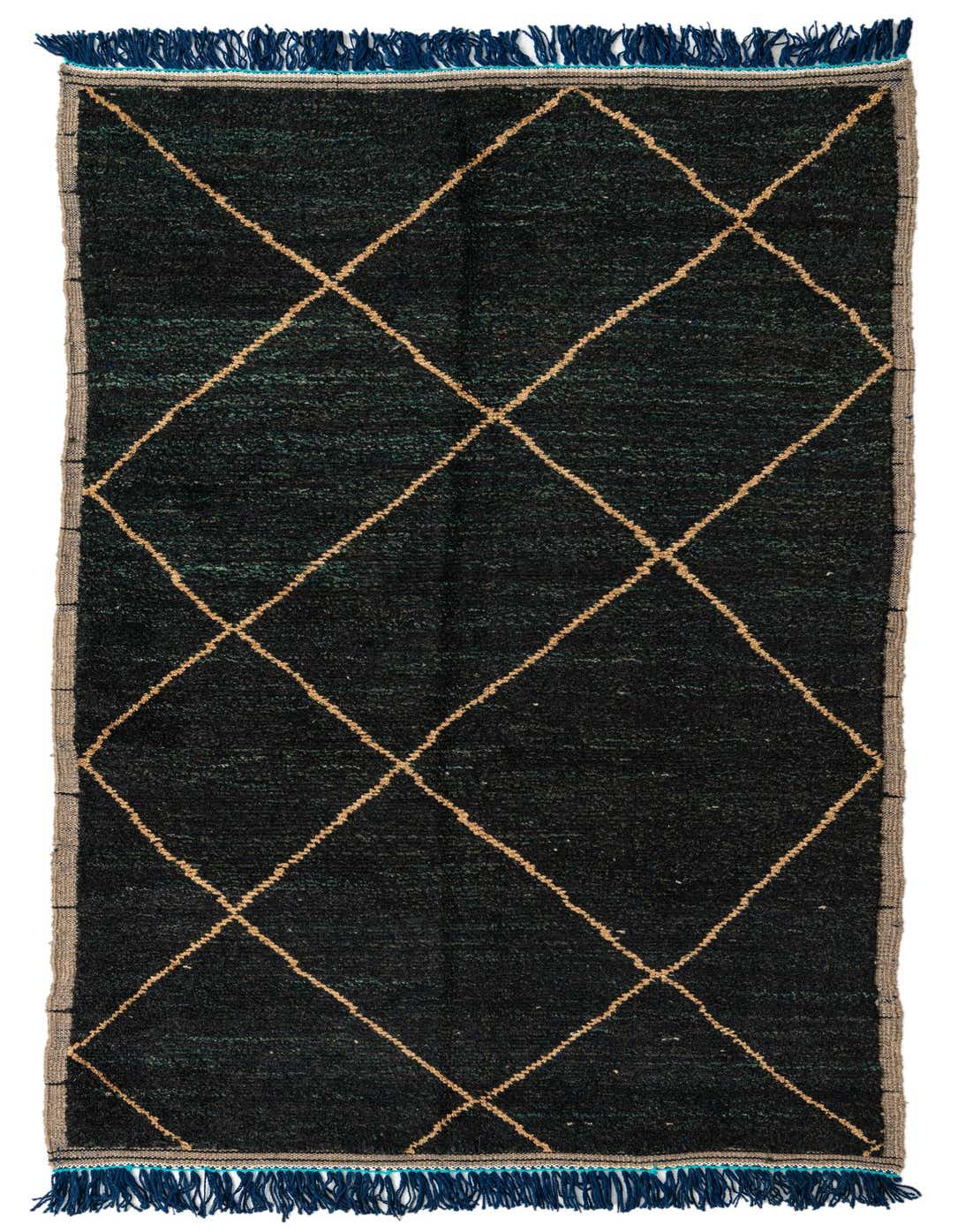 A 9 ft green runner rug with a tribal diamond pattern in beige, featuring blue fringe.