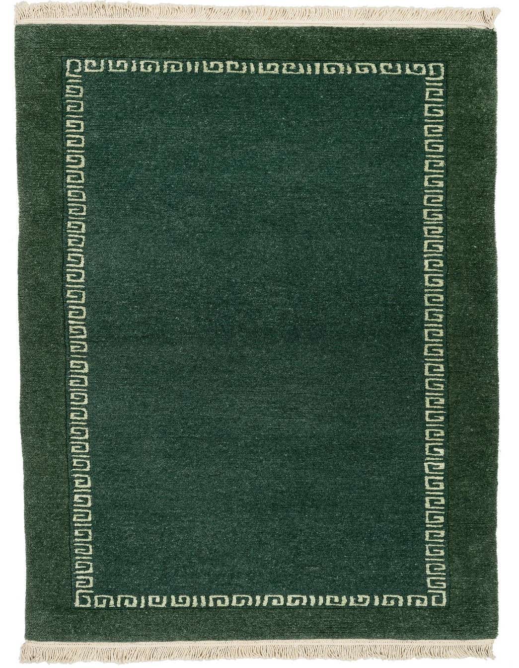 A 5 ft runner rug in deep green with a light green Greek key border pattern and cream fringes, suitable for a hallway.