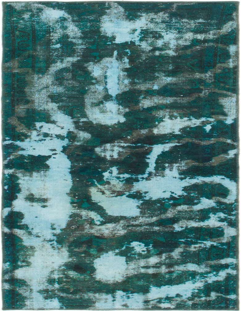 An 8 ft runner rug in shades of green and light blue with an abstract, distressed pattern, ideal for a hallway.
