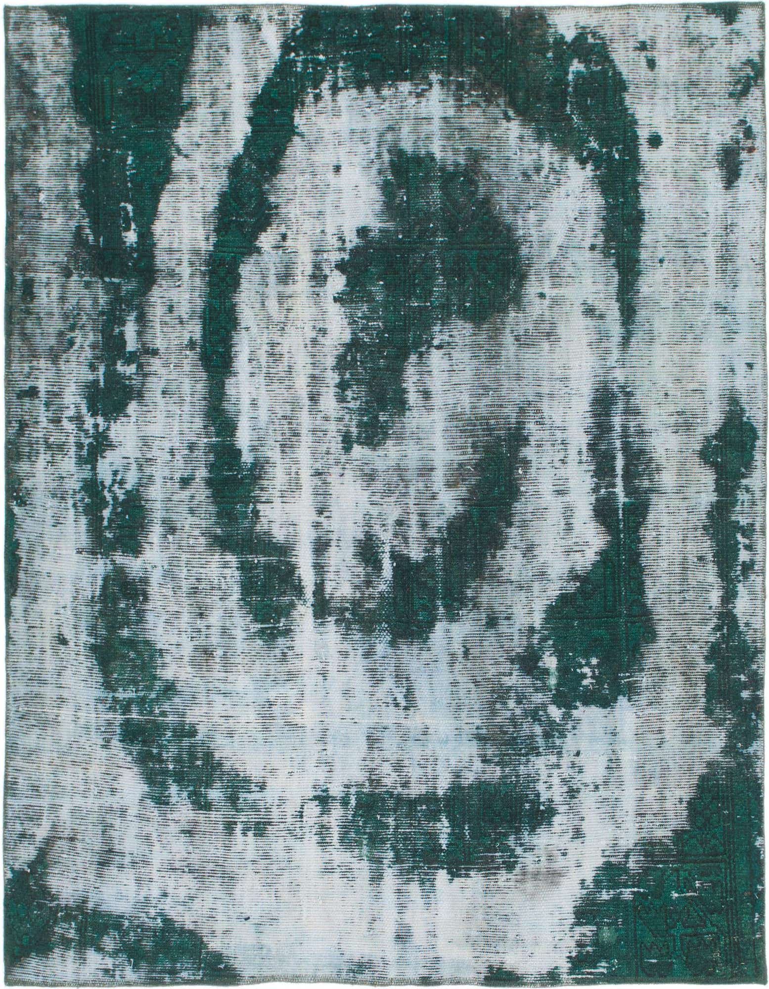 A square 5' 10 x 6' 6 green and white distressed wool area rug with an abstract, faded circular pattern.