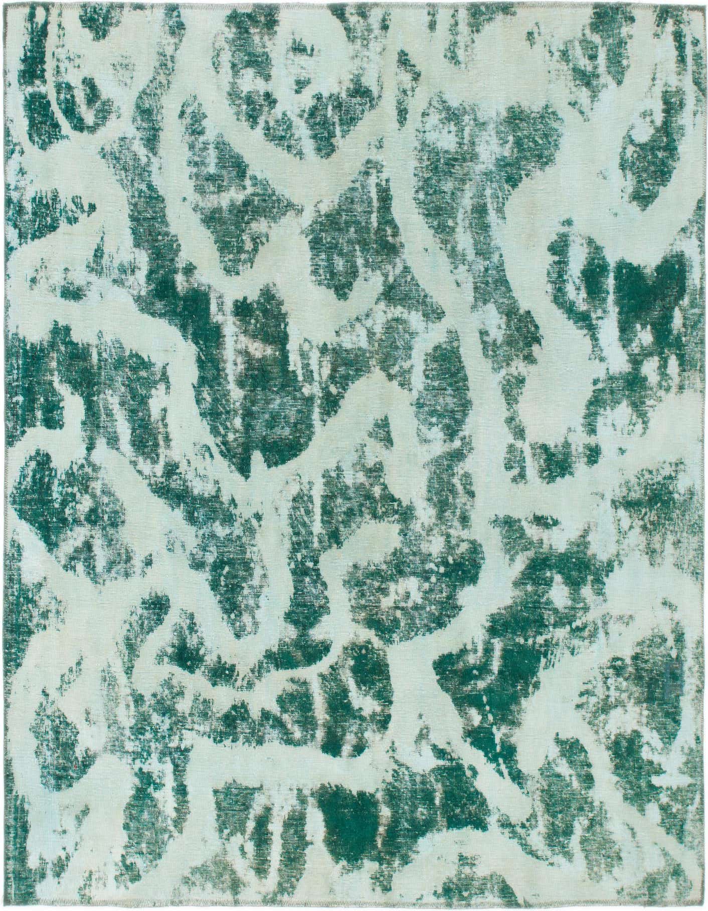 A 7'x7'10 square green and off-white abstract wool rug with a distressed vintage pattern.