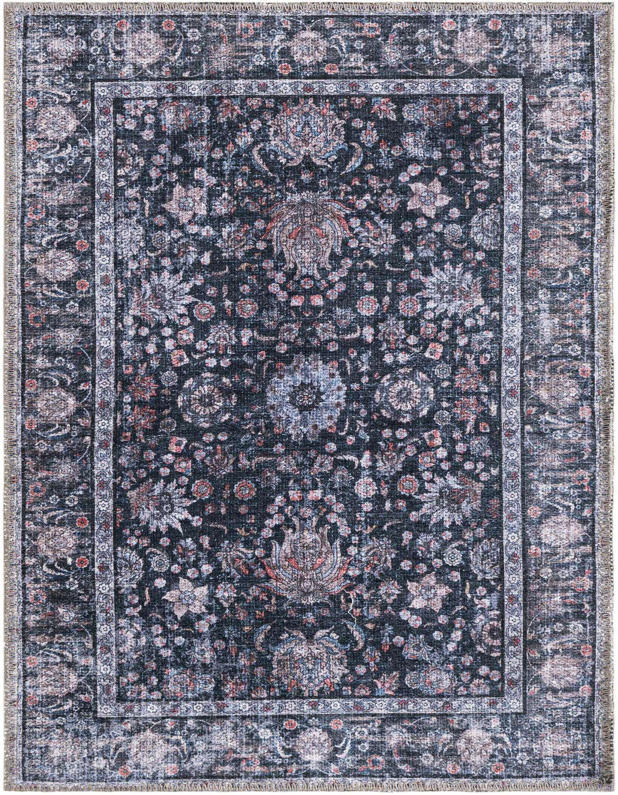 A 2x3 rectangular Ink Black rug with a distressed traditional floral pattern in muted reds, blues, and creams, featuring a decorative border.