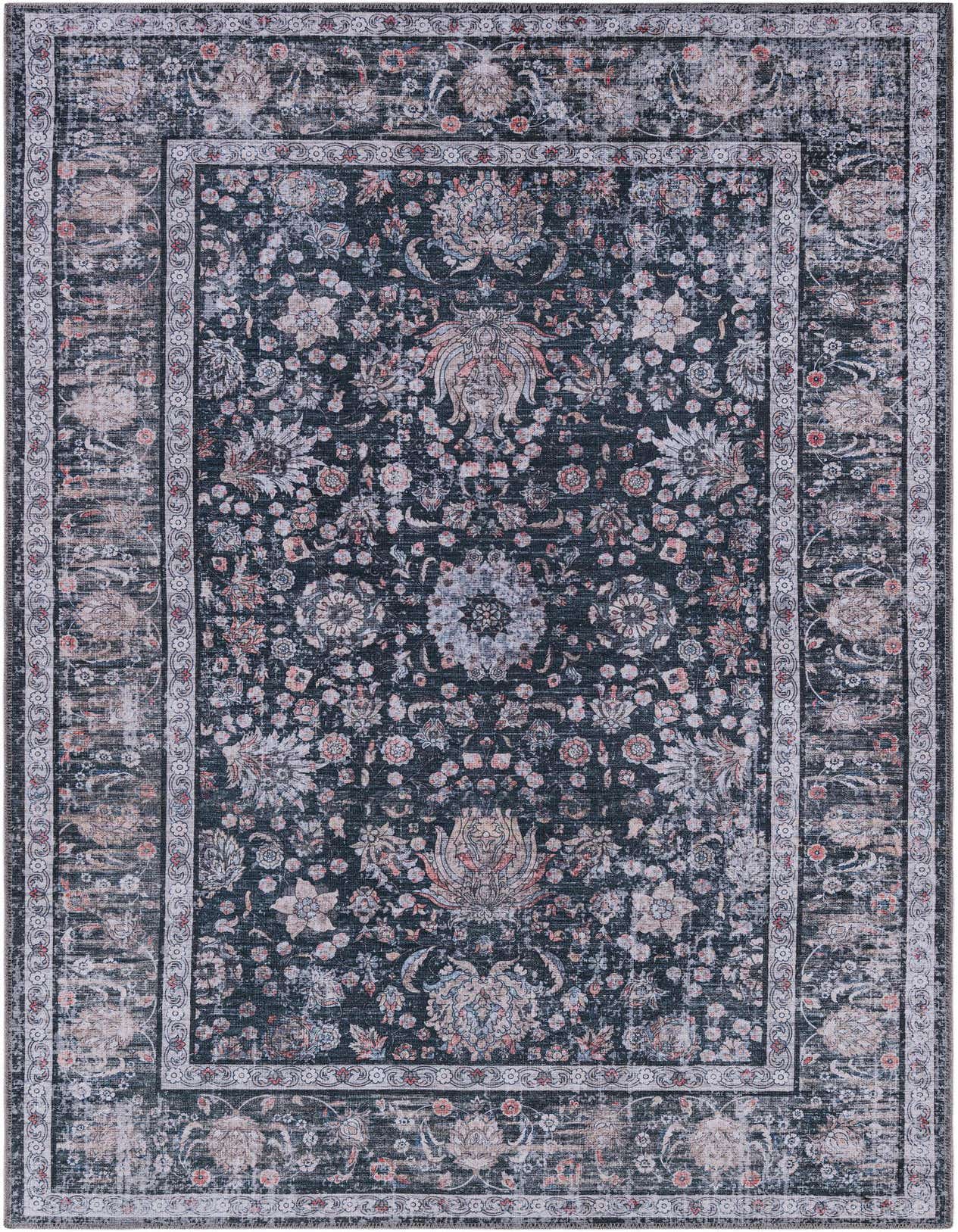 A 5x8 rectangular Rugs.com Yara rug in ink black with a distressed modern floral pattern and light border.