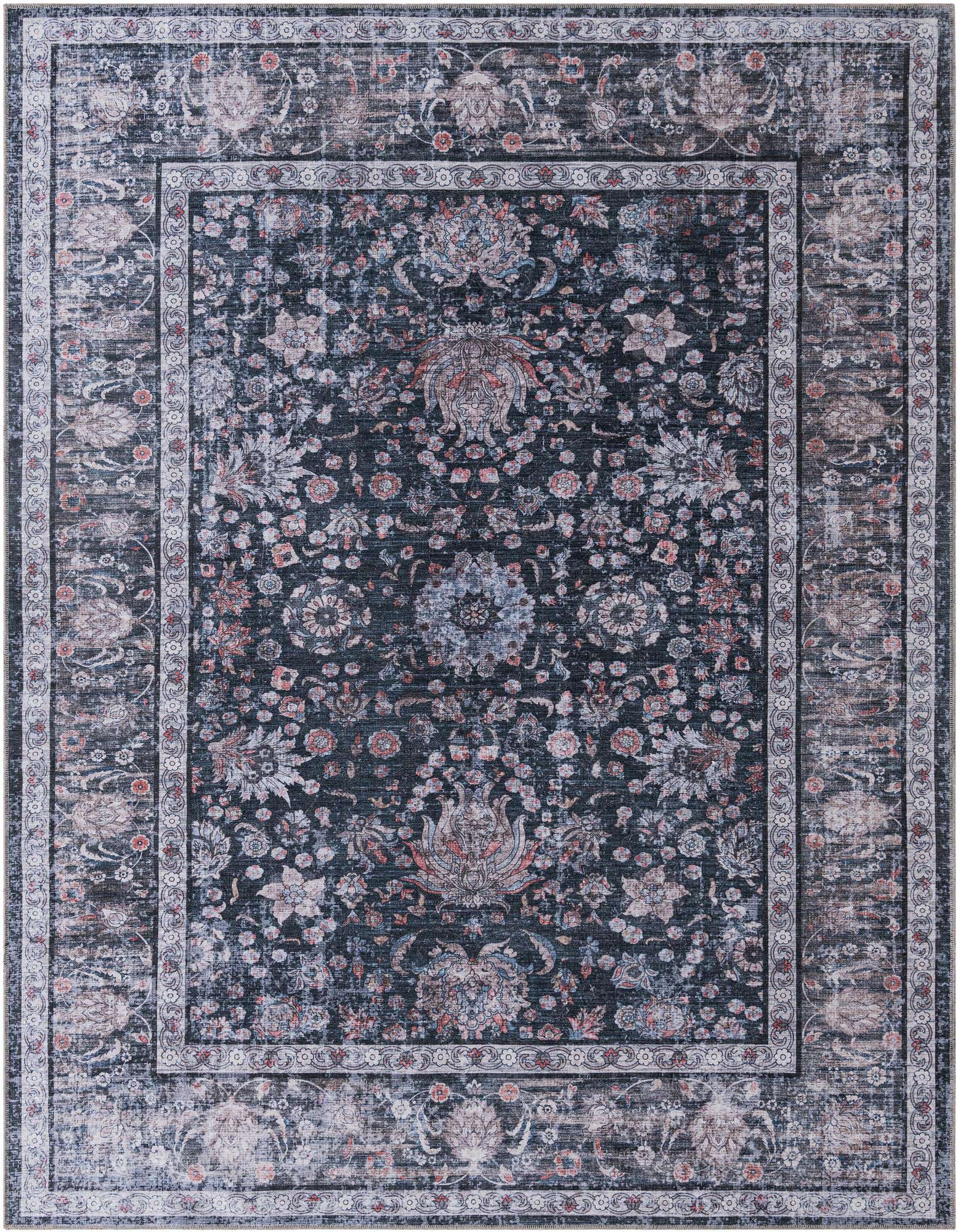 An 8x10 rectangular Ink Black area rug with a distressed traditional floral pattern and a decorative border.