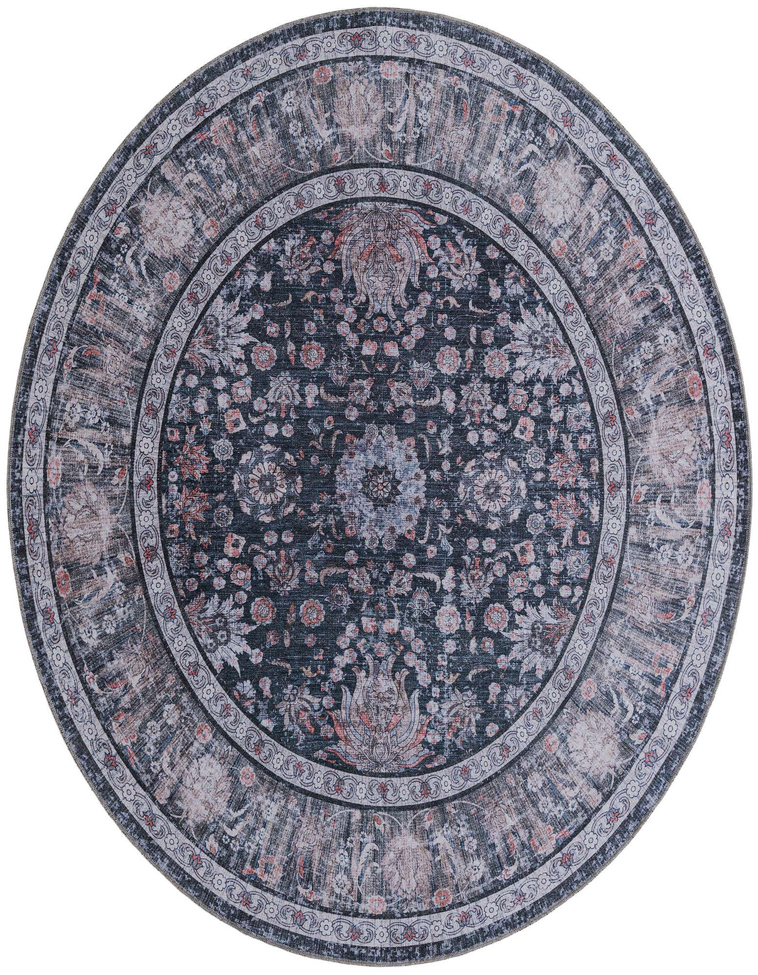 A round 7' 10 x 7' 10 Ink Black rug with an intricate traditional floral pattern in shades of grey, white, and subtle peach, featuring a decorative border.