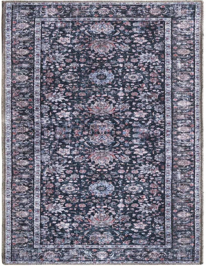 A 5 ft runner rug in ink black with a faded traditional floral pattern and a decorative border, suitable for a hallway.