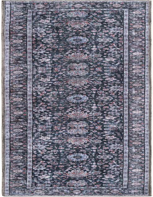 An 8 ft ink black runner rug with an ornate floral and medallion pattern, featuring distressed pink, blue, and white accents, ideal for a hallway.