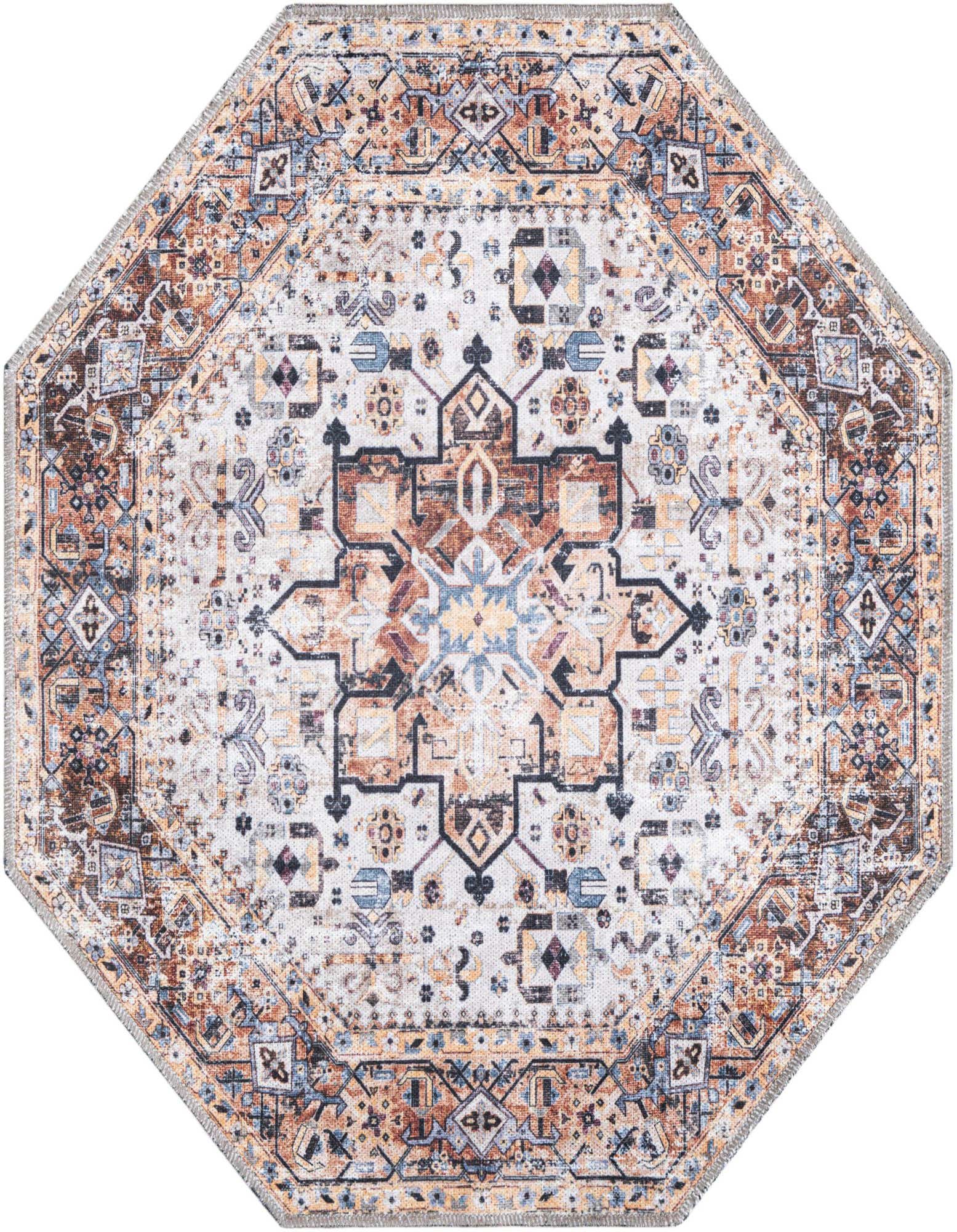Octagon-shaped Yara rug with a traditional medallion pattern in browns, tans, ivories, and blues, featuring a vintage distressed look.