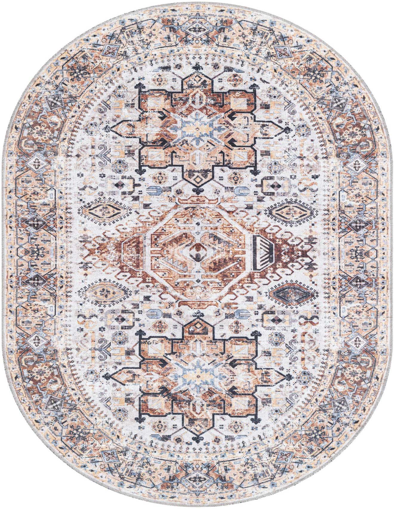 An oval 4'1 x 6'1 Yara rug featuring a traditional medallion pattern in browns, tans, ivories, and creams.