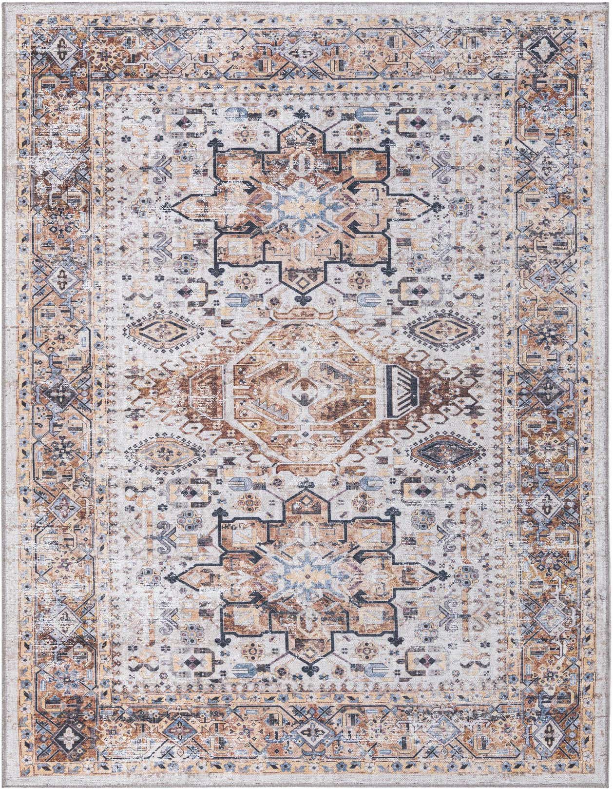 A 5x8 rectangular Yara rug featuring a distressed medallion pattern in browns, tans, ivories, and blues, suitable for a living room.