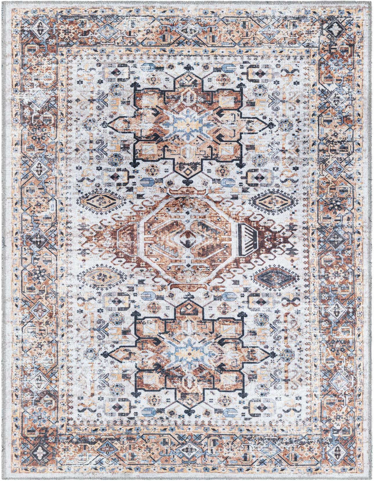 A 3x5 rectangular Yara rug featuring a distressed traditional medallion pattern in browns, tans, ivories, and blues.