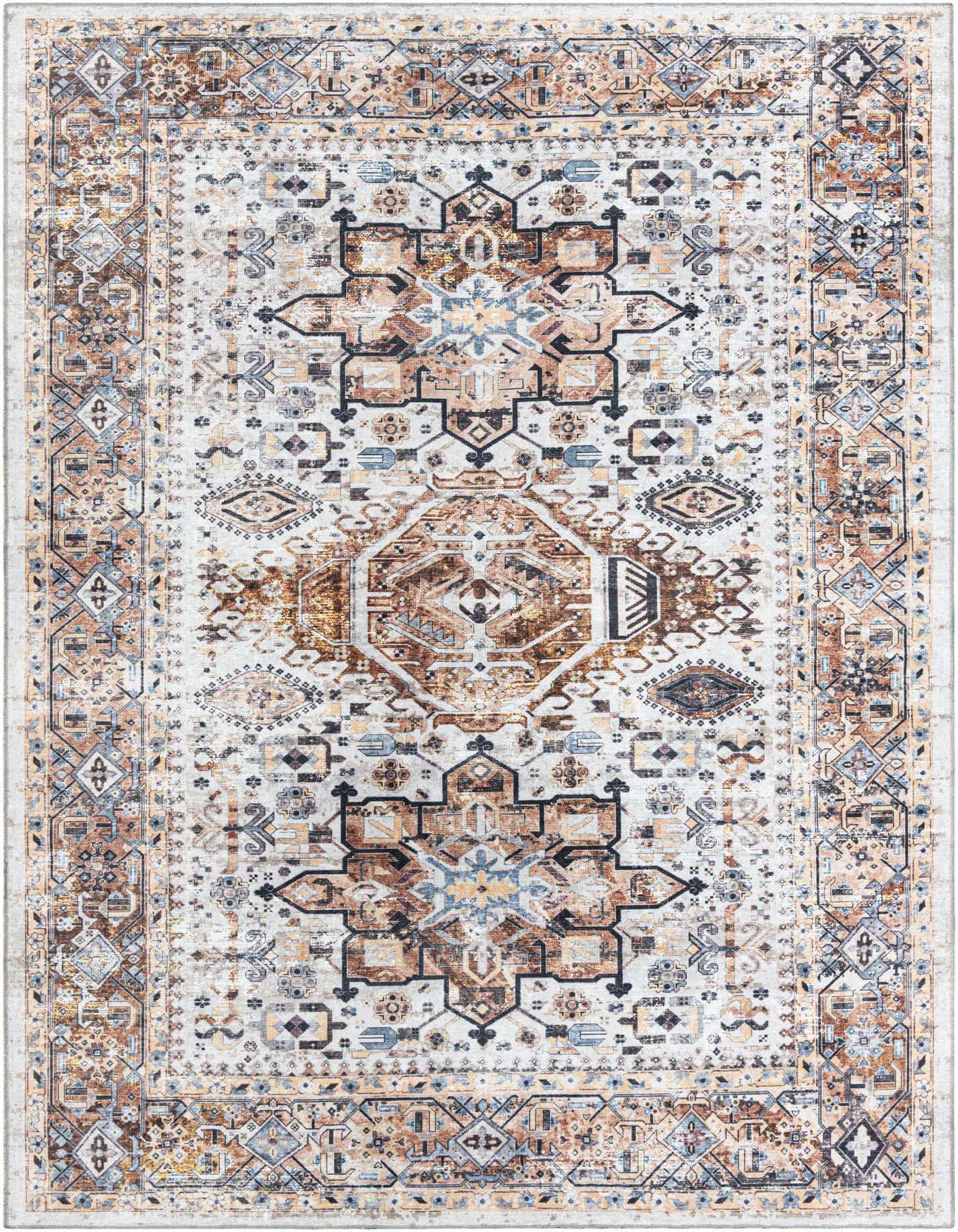 An 8x11 rectangular indoor rug featuring a distressed traditional medallion pattern in browns, tans, ivories, and blues.