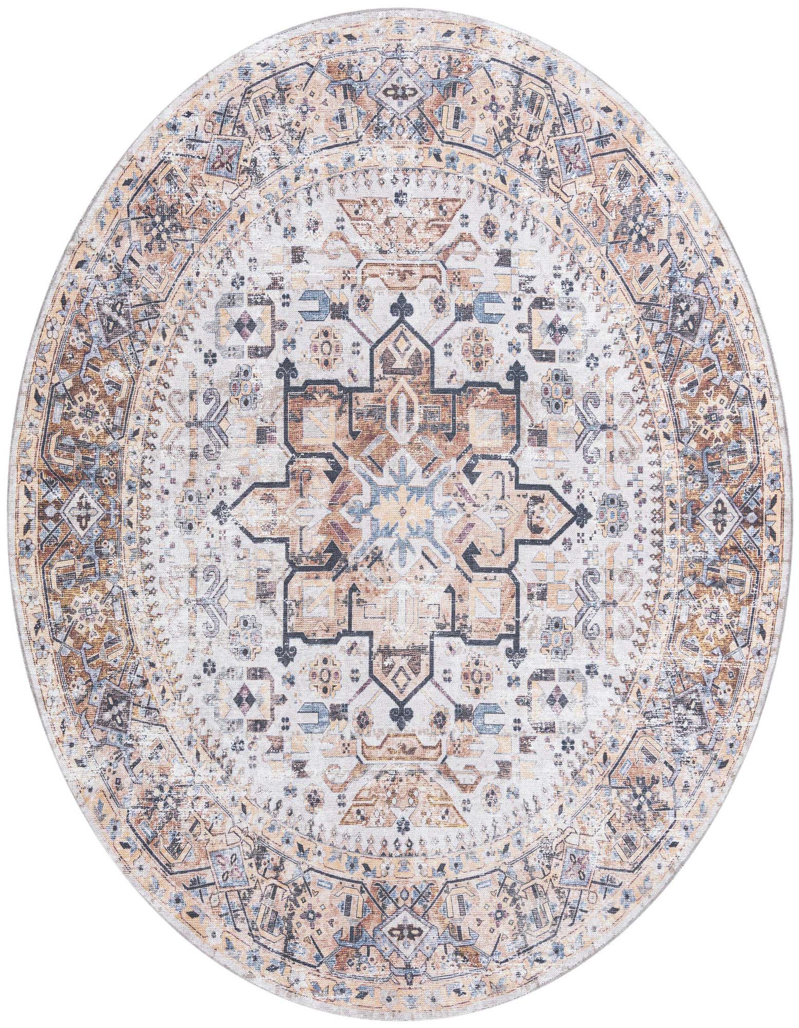A round 7' 10" Yara rug featuring a distressed medallion and tribal pattern in browns, tans, ivories, and blues.