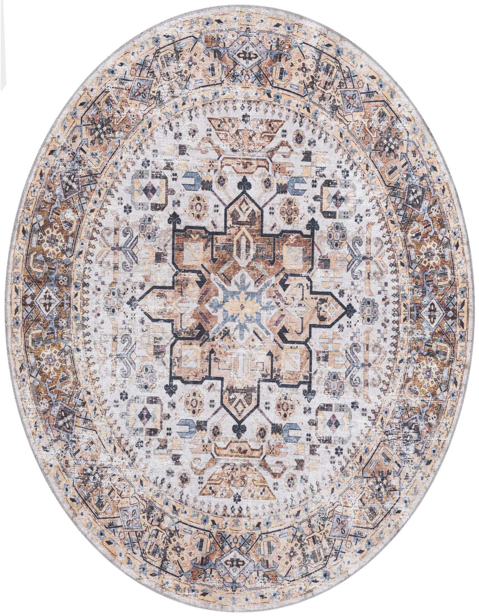 A round 6' 0 x 6' 0 Yara rug featuring a distressed medallion pattern in browns, tans, ivories, and blues.