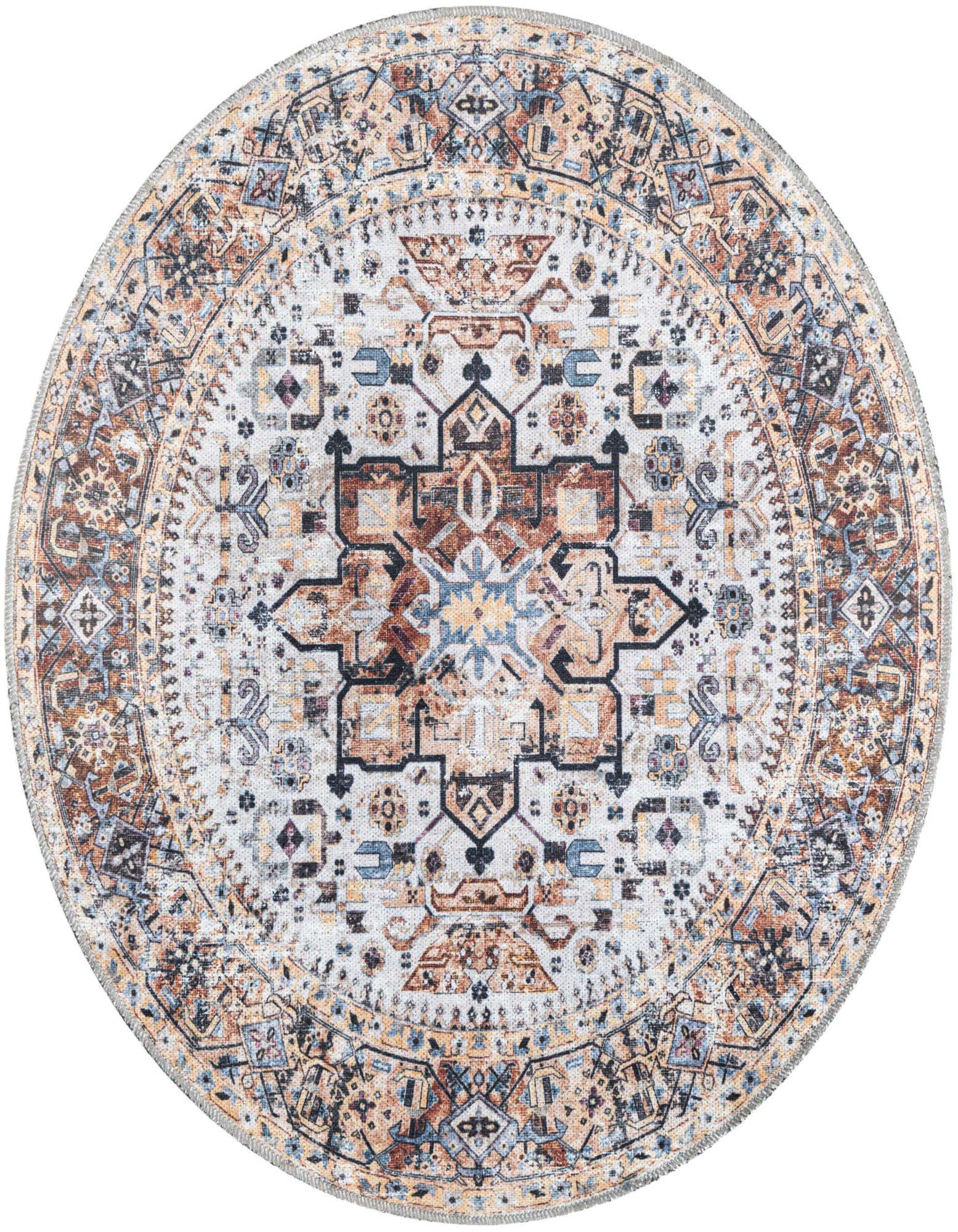 A round 3' 3 x 3' 3 Rugs.com Yara rug featuring a distressed traditional medallion pattern in browns, tans, ivories, and blues.