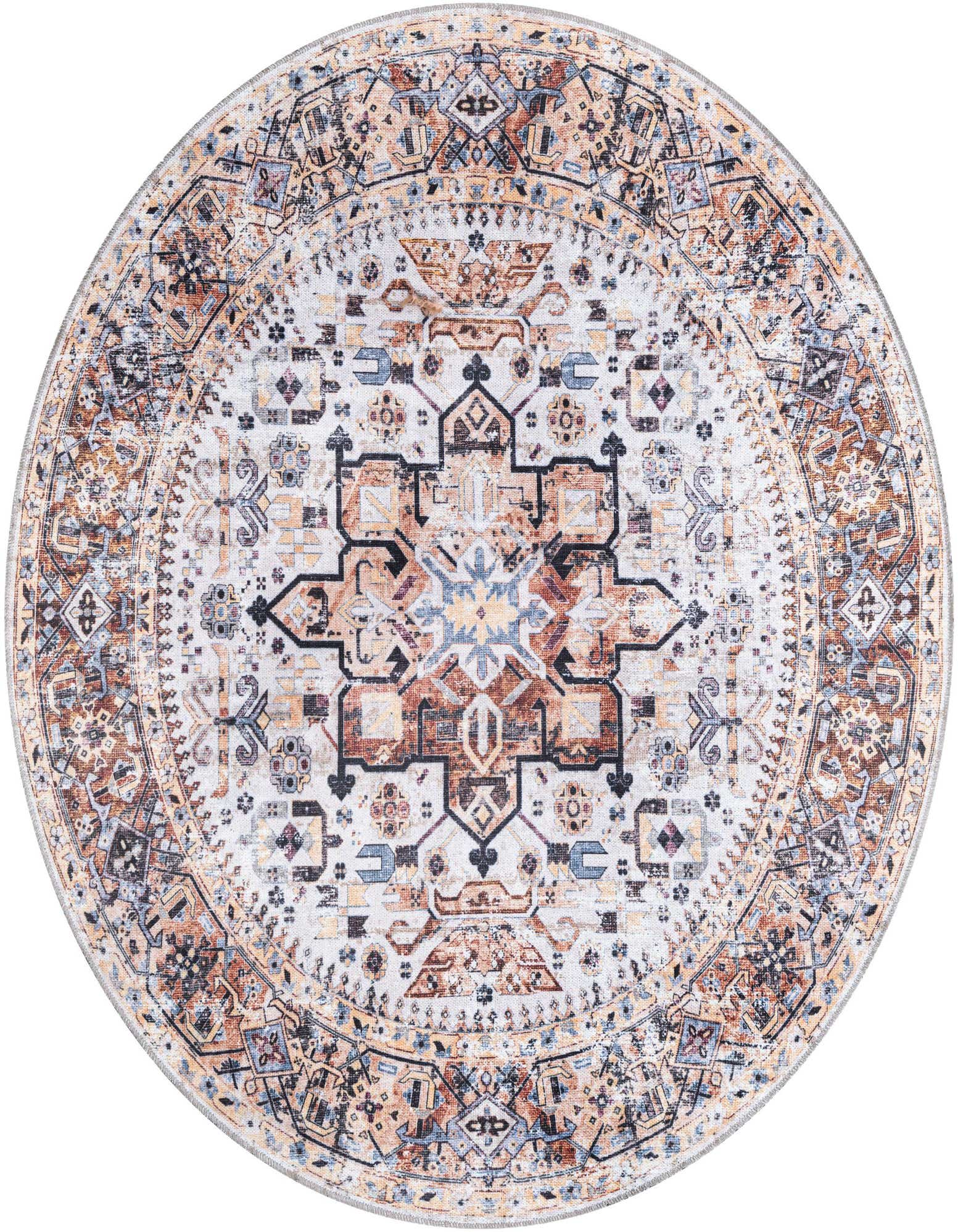 A 5' 3 round Yara rug by Rugs.com featuring a distressed medallion and tribal pattern in browns, tans, ivories, and blues.