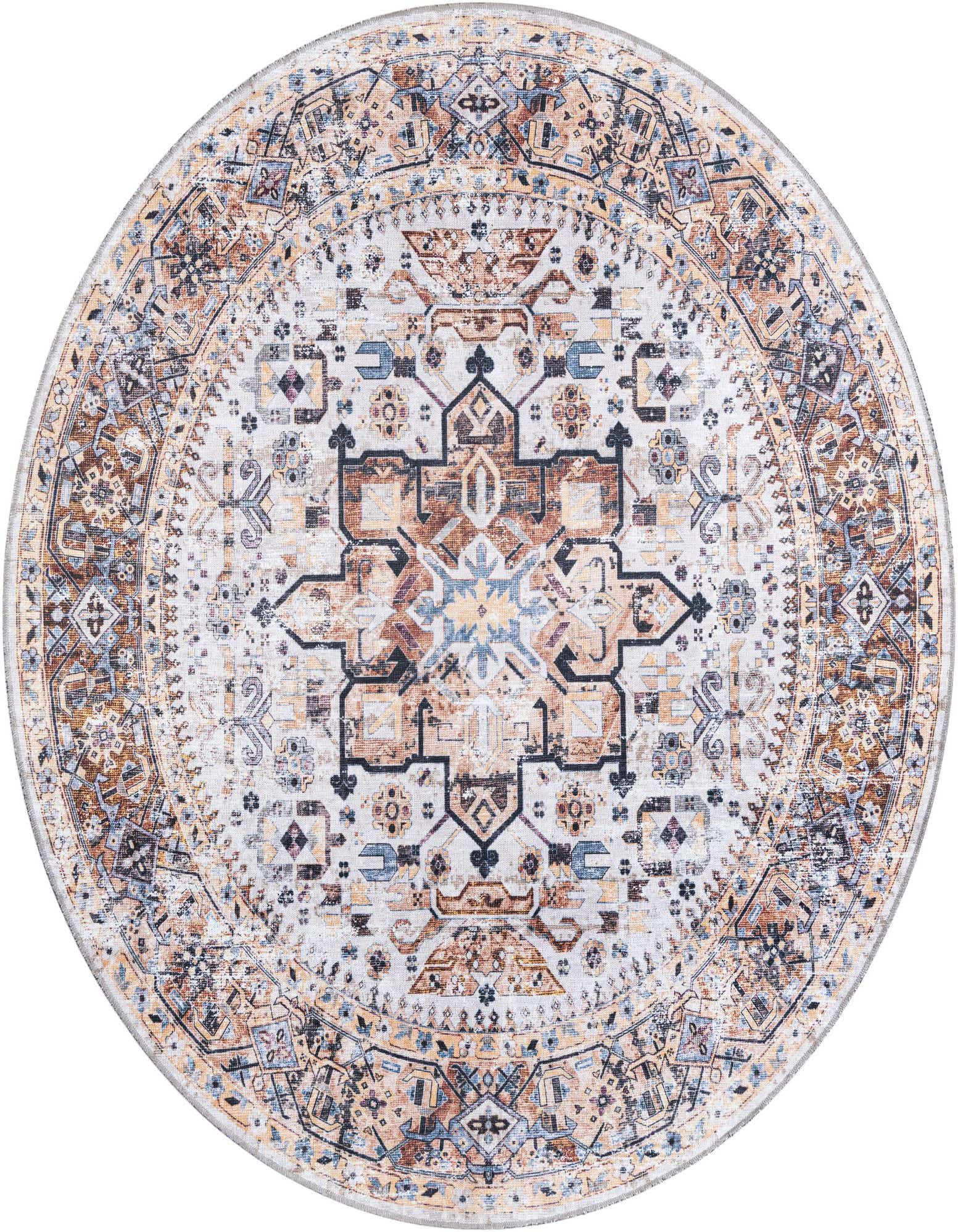 A round 7' 1" brown, ivory, and white traditional bohemian rug with a central medallion and intricate tribal patterns.