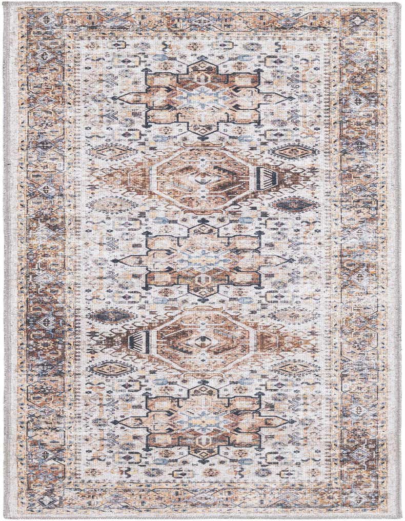 A 5 ft runner rug in a bohemian traditional style, featuring a medallion pattern in browns, tans, ivories, and creams.