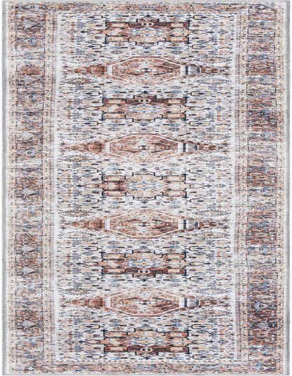 A 13 ft runner rug featuring a distressed traditional medallion pattern in shades of brown, tan, ivory, and cream, ideal for a hallway.
