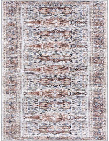 A 16 ft runner rug with a distressed traditional medallion pattern in browns, tans, ivories, and blues, perfect for a hallway.