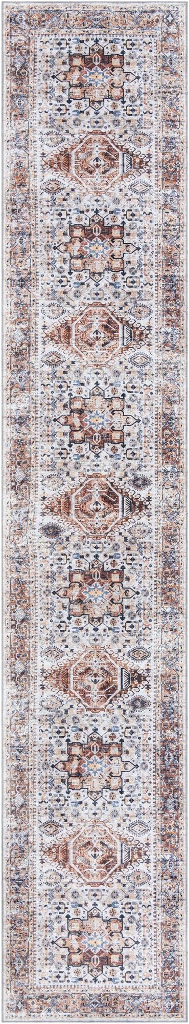 A 16 ft runner rug with a distressed traditional medallion pattern in browns, tans, ivories, and blues, perfect for a hallway.