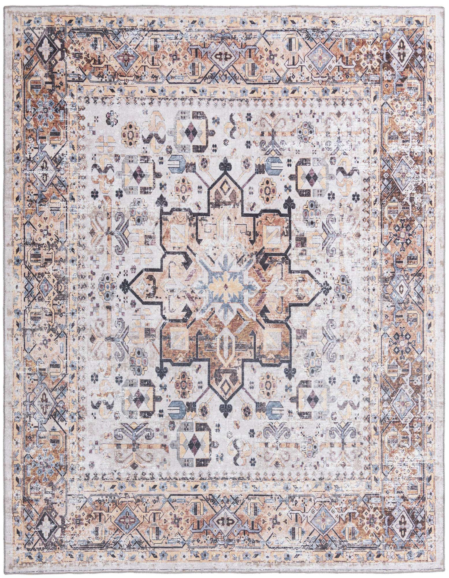 A 7' 10 x 7' 10 square Yara rug featuring a distressed medallion pattern in browns, tans, ivories, and blues.