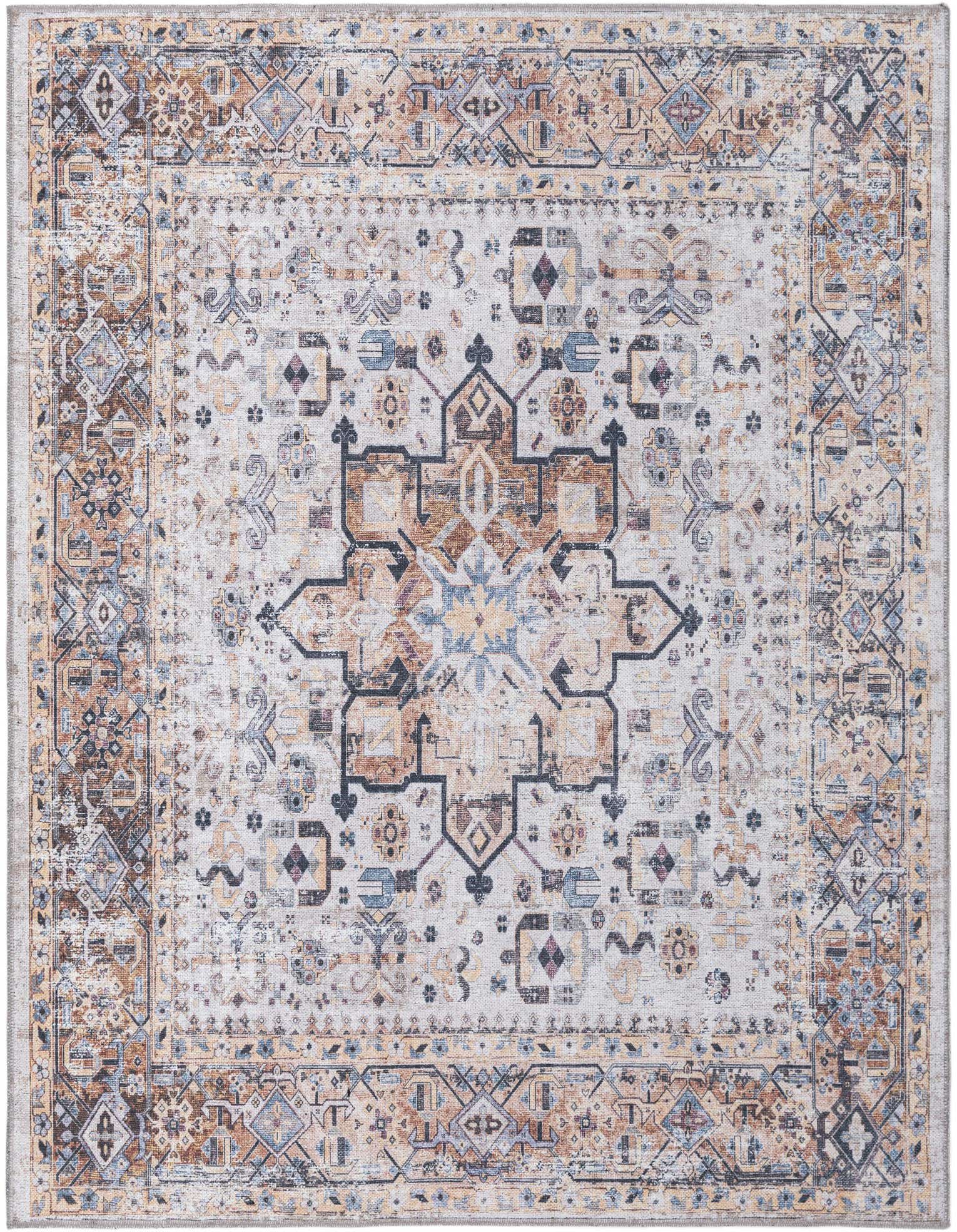 A 5'x5' square Rugs.com Yara rug featuring a distressed bohemian medallion pattern in browns, tans, ivories, and blues.